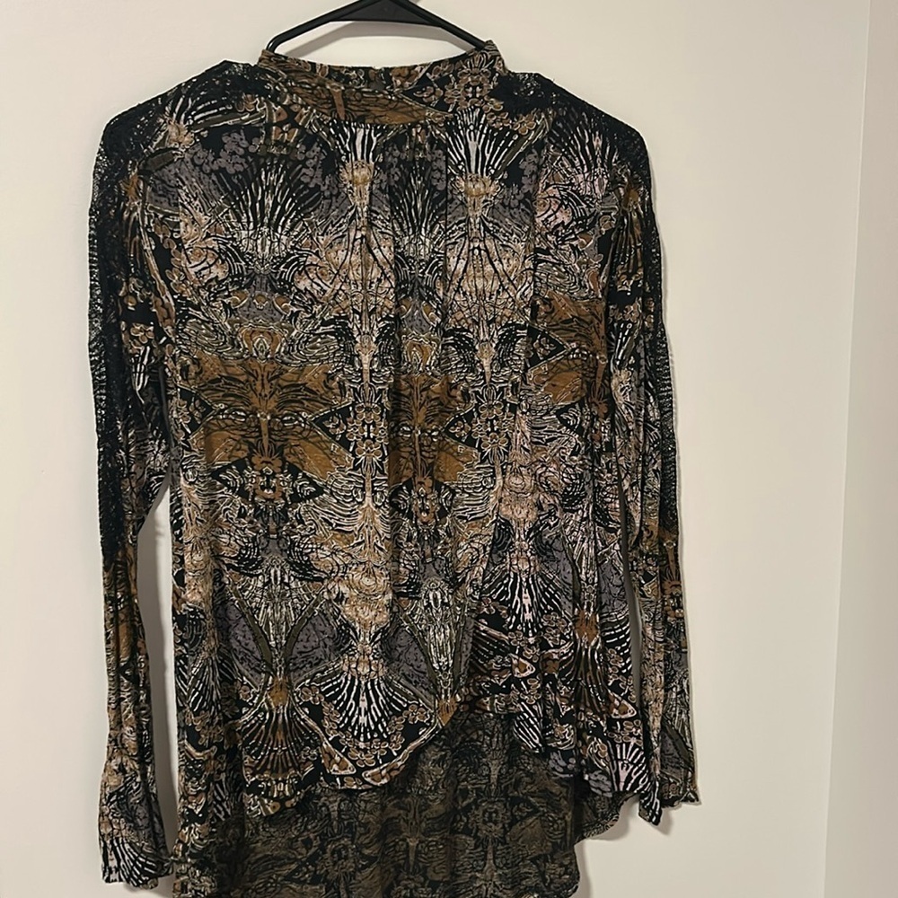 Free People Linen Blend Geometric Lace Open Back Boho Long Sleeve Blouse Size XS